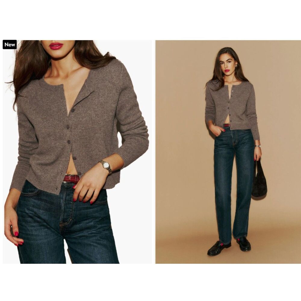 Reformation Women's Cocoa Grey Clara Cashmere Crew Cardigan Sweater Size Small
